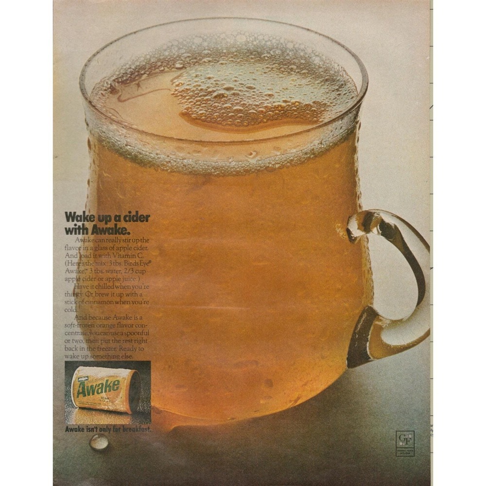 Birds Eye Awake Apple Cider Vitamin C Beverage Breakfast Drink Print Ad 1970